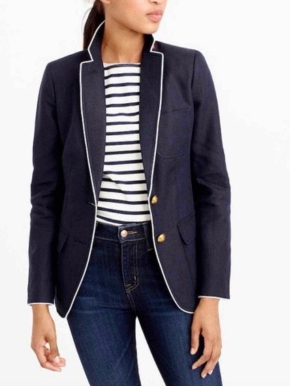 J. Crew Rhodes Blazer Jacket Women’s Size 12 Navy Blue 100% Linen Gold Buttons